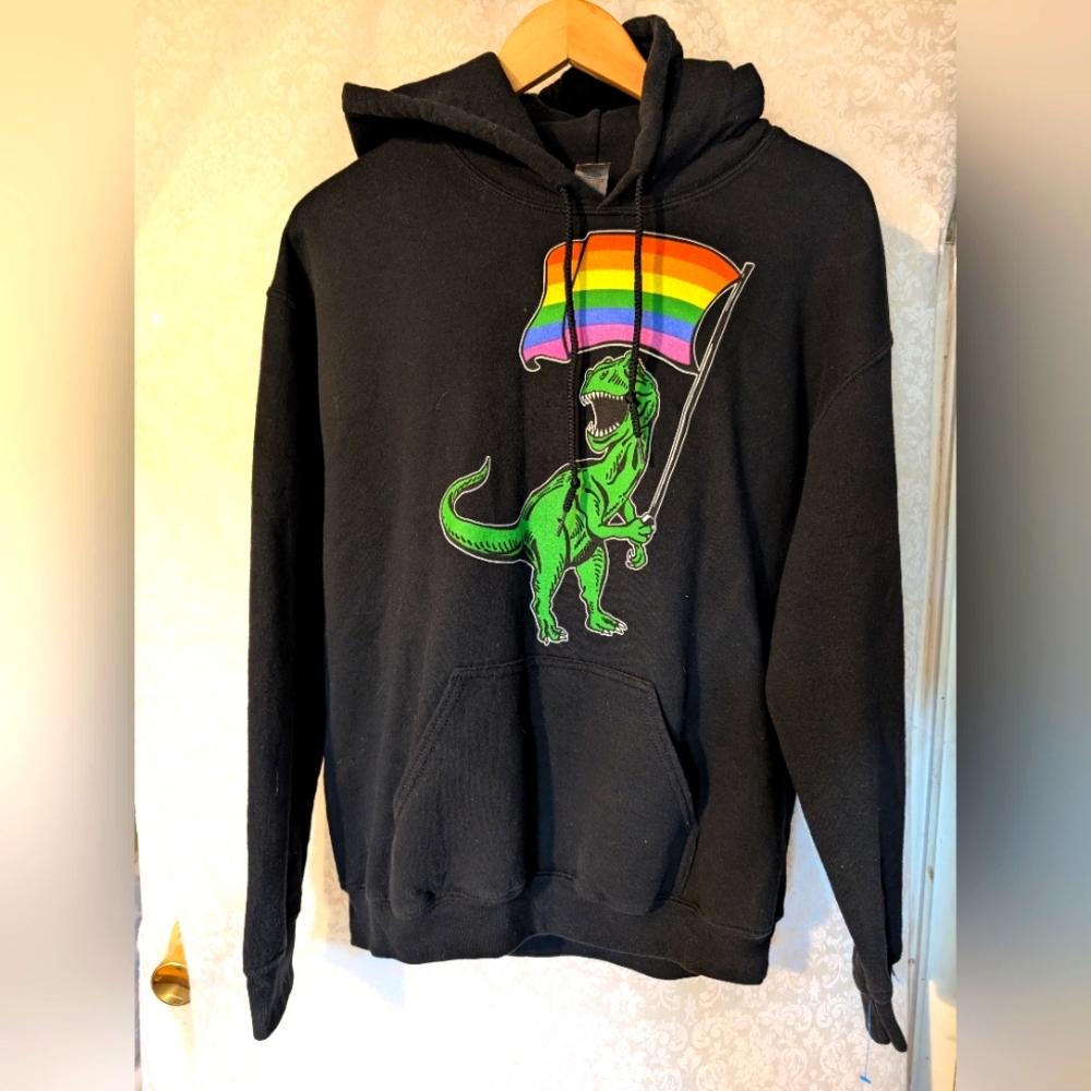 T-Rex Rainbow Flag Gay Pride Hoodie‎ Sz.Medium Black
